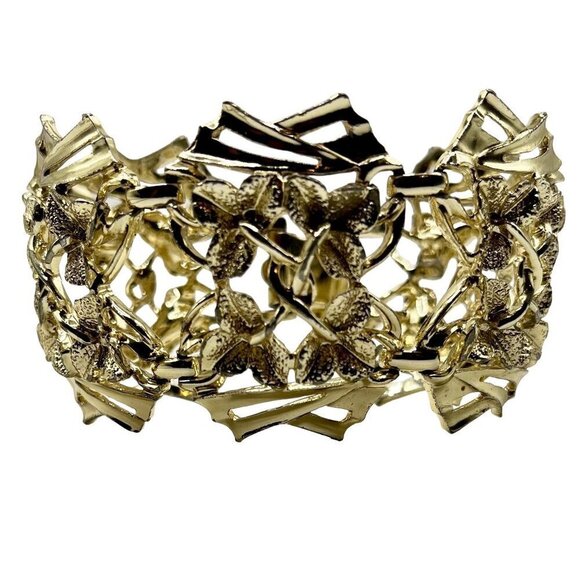 Vintage Gold Tone Filigree Clover Floral Leaf Bracelet Oversized Statement Gaudy - Picture 1 of 5